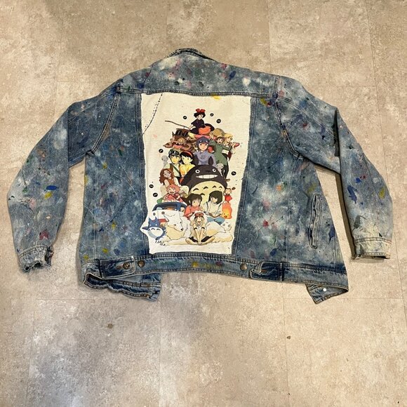 Distressed Paint Splattered Anime Totoro Denim Jacket Size Large - Picture 1 of 6